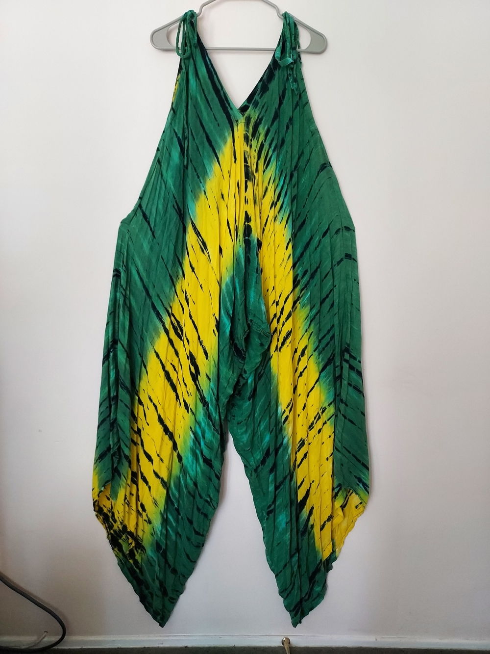 Flowy Tie-dye Yellow & Green Halter Jumpsuit Oversized Relaxed Vacation Comfy